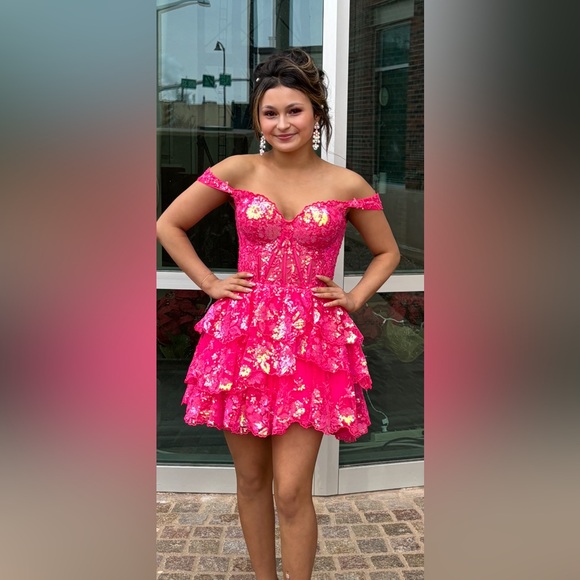 Sherri Hill Hot Pink Floral Off-Shoulder Mini Dress -  threedaughtersproperties.com